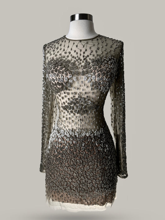 Jovani Evening Beaded Mini Dress in Gray Color