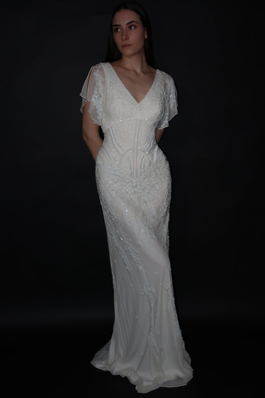 Brand New US 8 Eliza Jane Howell Fully Beaded Chiffon Engagement Gown