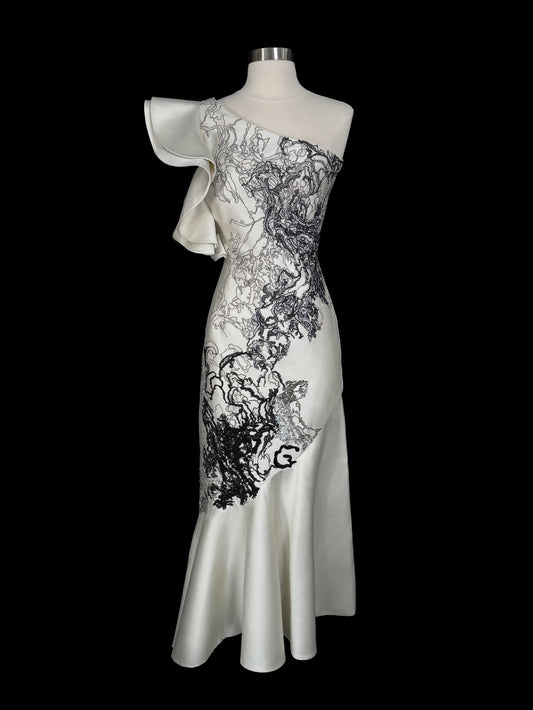 Brand New US 4 Saiid Kobeisy One Shoulder Ivory Black Embroidered Evening Gown