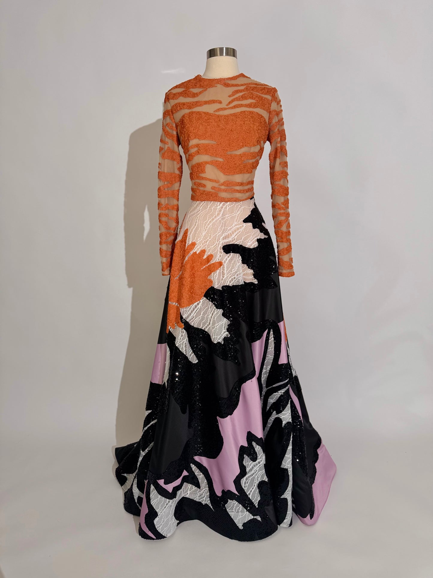 Brand New US 8 Jean Fares Couture Multi Fabric Maxi Gown