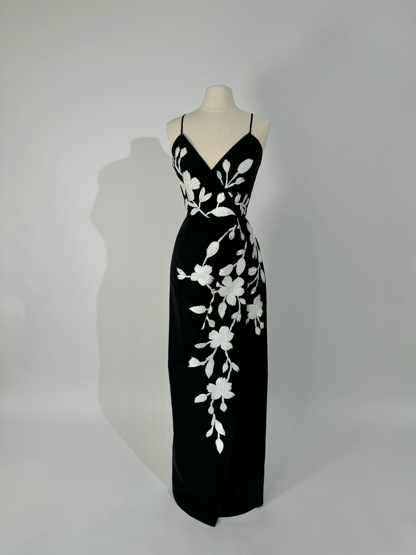 Brand New US 12 CAROLINA HERRERA Floral Embellished Faux Wrap Silk Gown