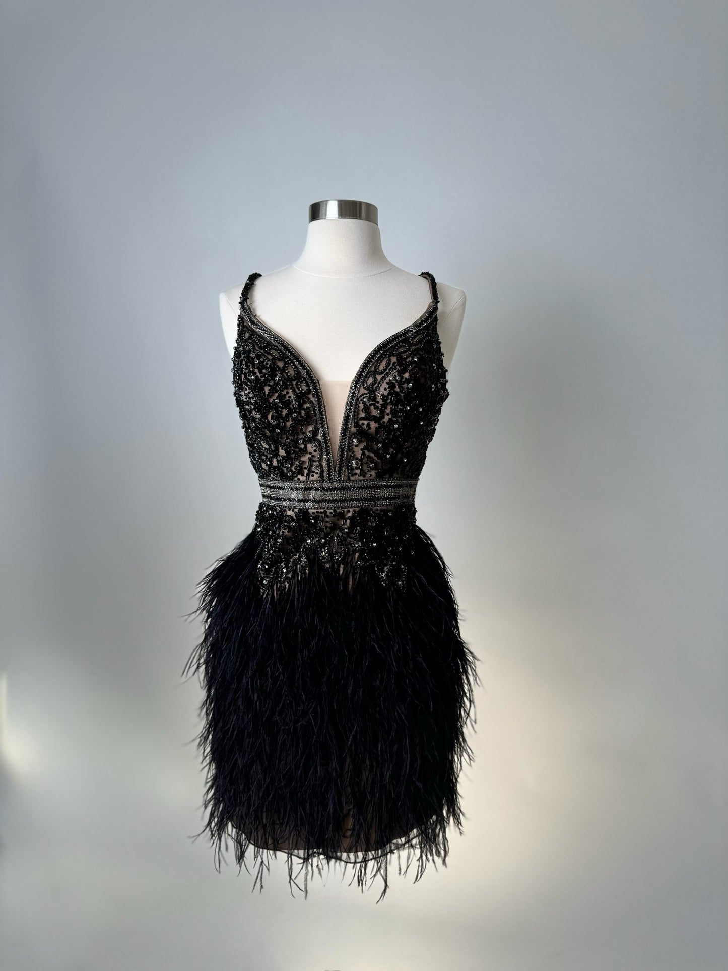 Brand New US 8 Jovani Black Feather Mini Evening Dress