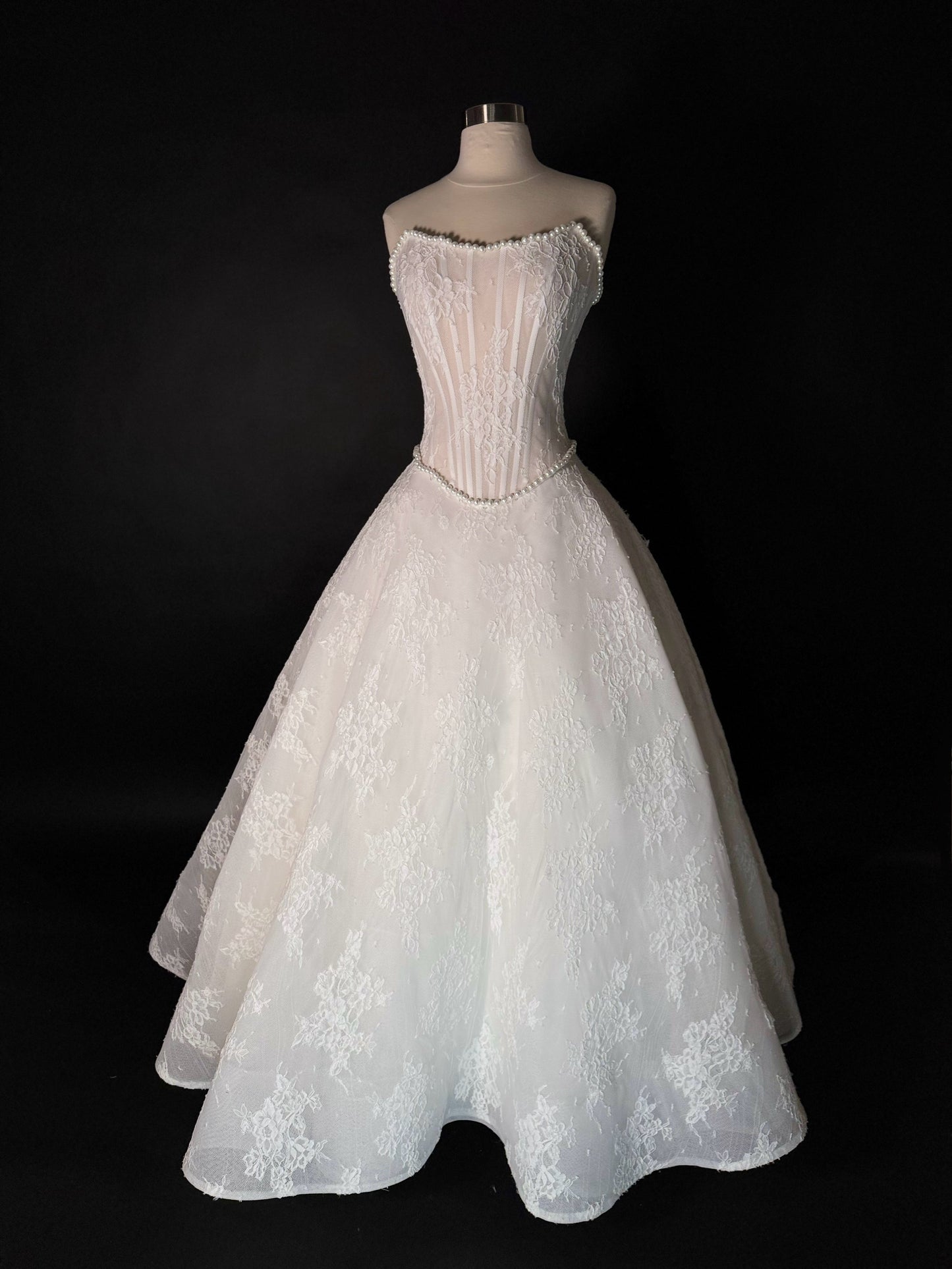 Chantilly Corded Lace Anna Augusta Bridal Gown, Preloved, Size US 4-6, Pearl Detailed