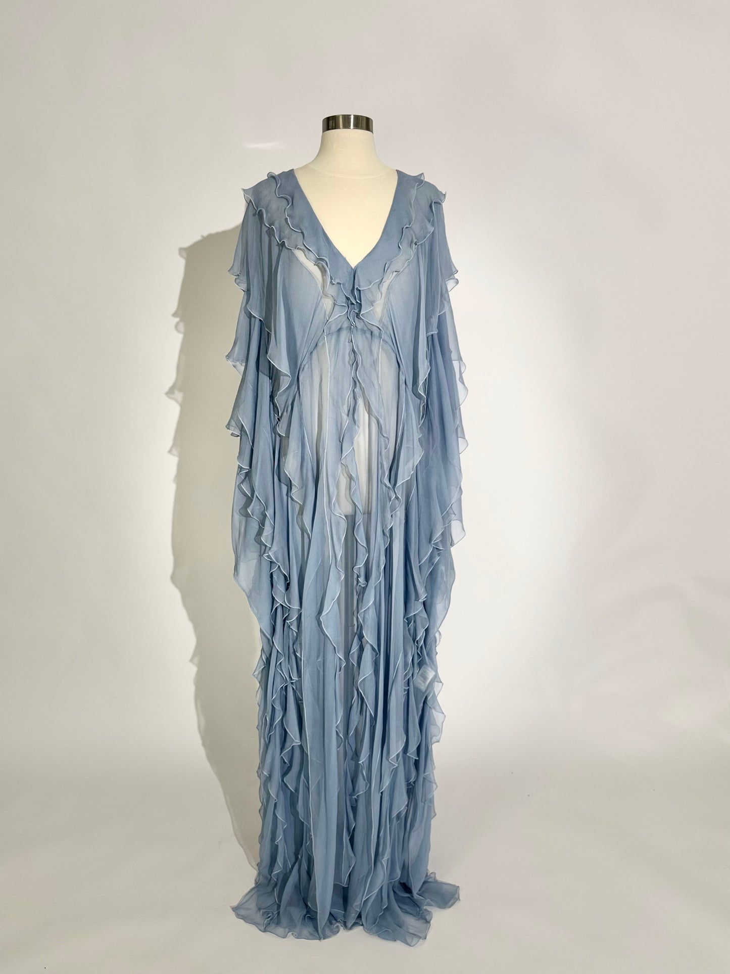 Brand New US 6 Zuhair Murad Ash Blue Silk Maxi Gown with Lace Details