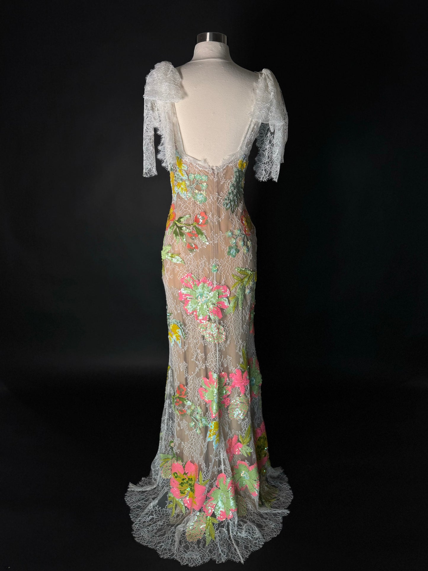 Brand New US 8 Elie Saab Lace Maxi Gown with Floral Appliques in Multi-Color