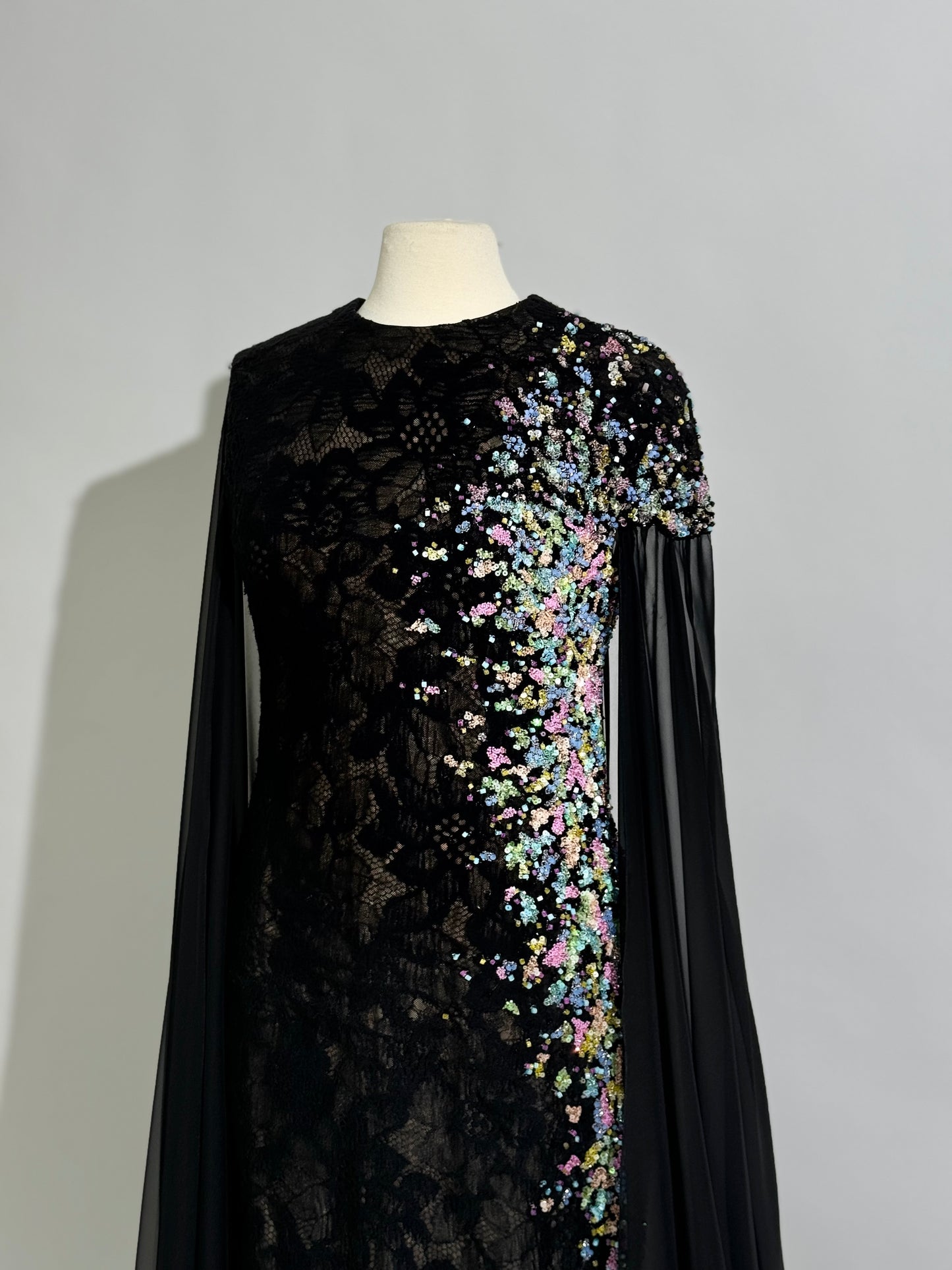 Brand New US 14 TONY WARD Black Beaded Embroidered Evening Gown