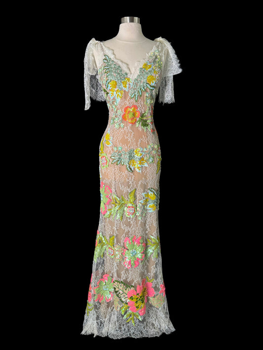 Brand New US 8 Elie Saab Lace Maxi Gown with Floral Appliques in Multi-Color