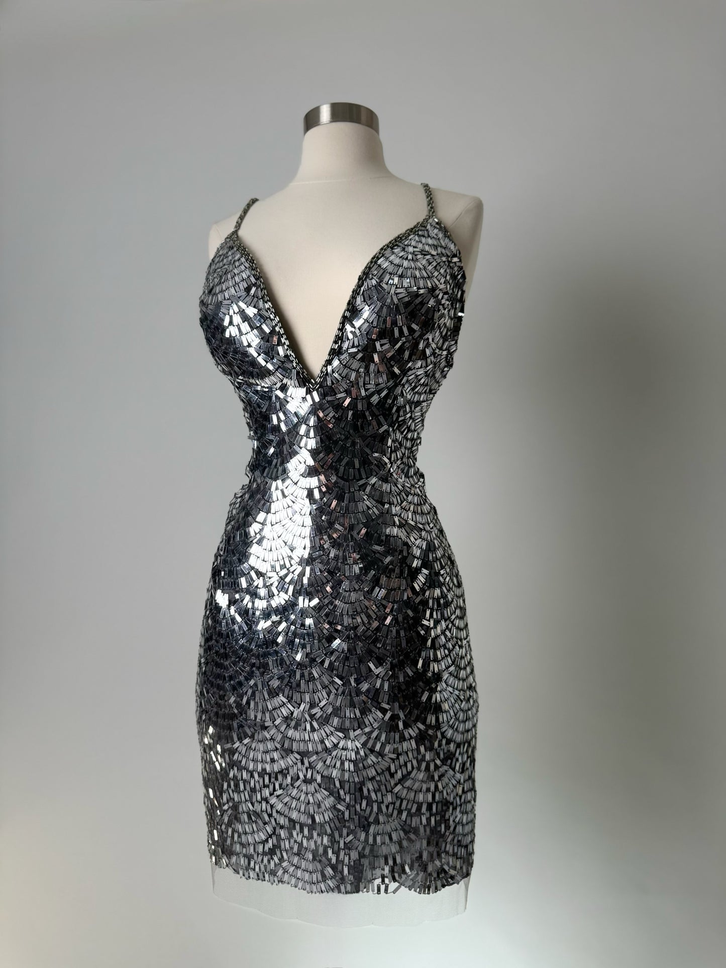 Brand New US 14 Jovani Mini Evening Dress in Silver Color