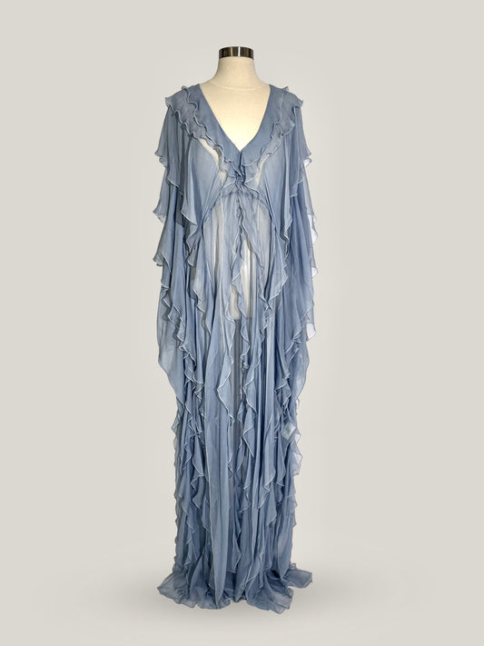 Brand New US 6 Zuhair Murad Ash Blue Silk Maxi Gown with Lace Details