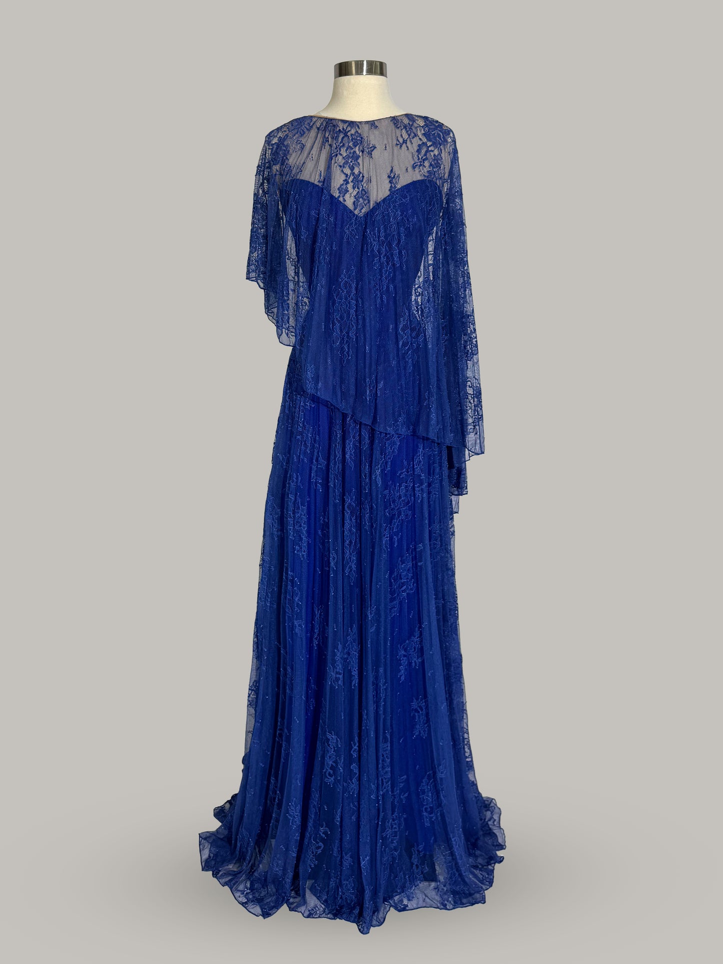 Brand New US 8 Gemy Maalouf Chantilly Lace Maxi Gown with Cape in Royal Blue