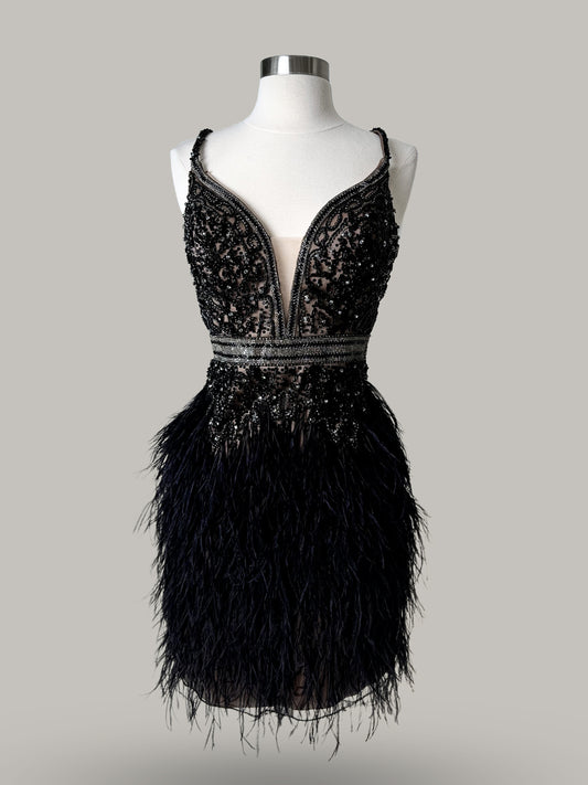 Brand New US 8 Jovani Black Feather Mini Evening Dress