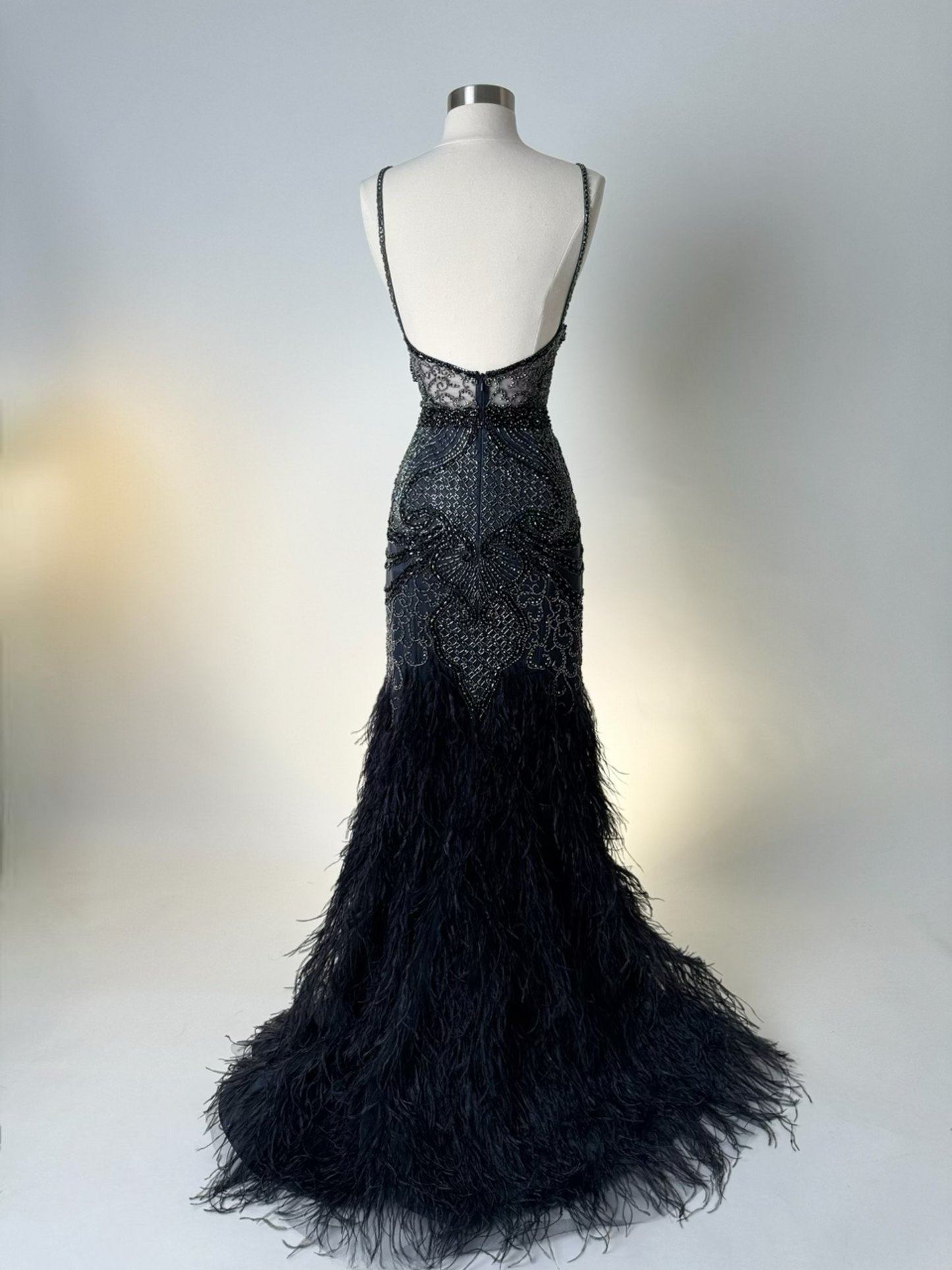 Brand New US 12 Jovani Maxi Beaded Evening Dress with Feathers