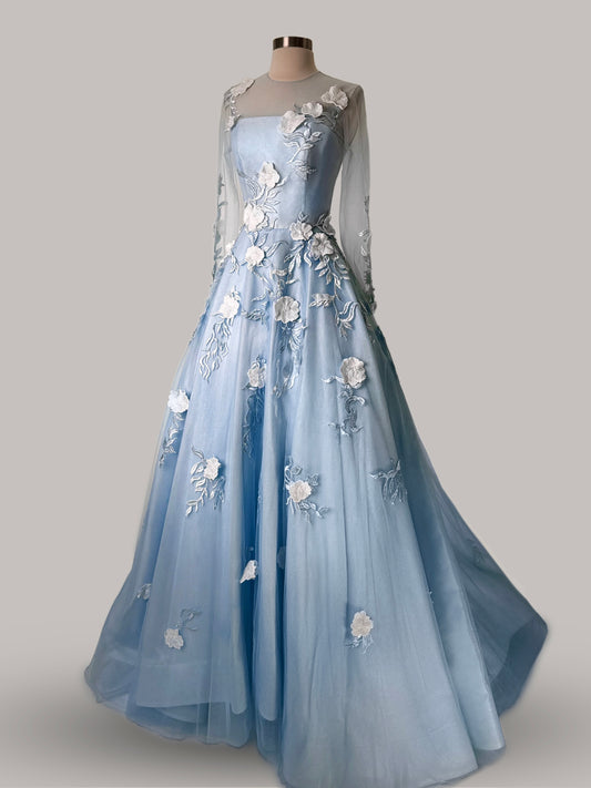 Brand New US 8 Baby Blue Floral Anna Augusta Maxi Evening Dress