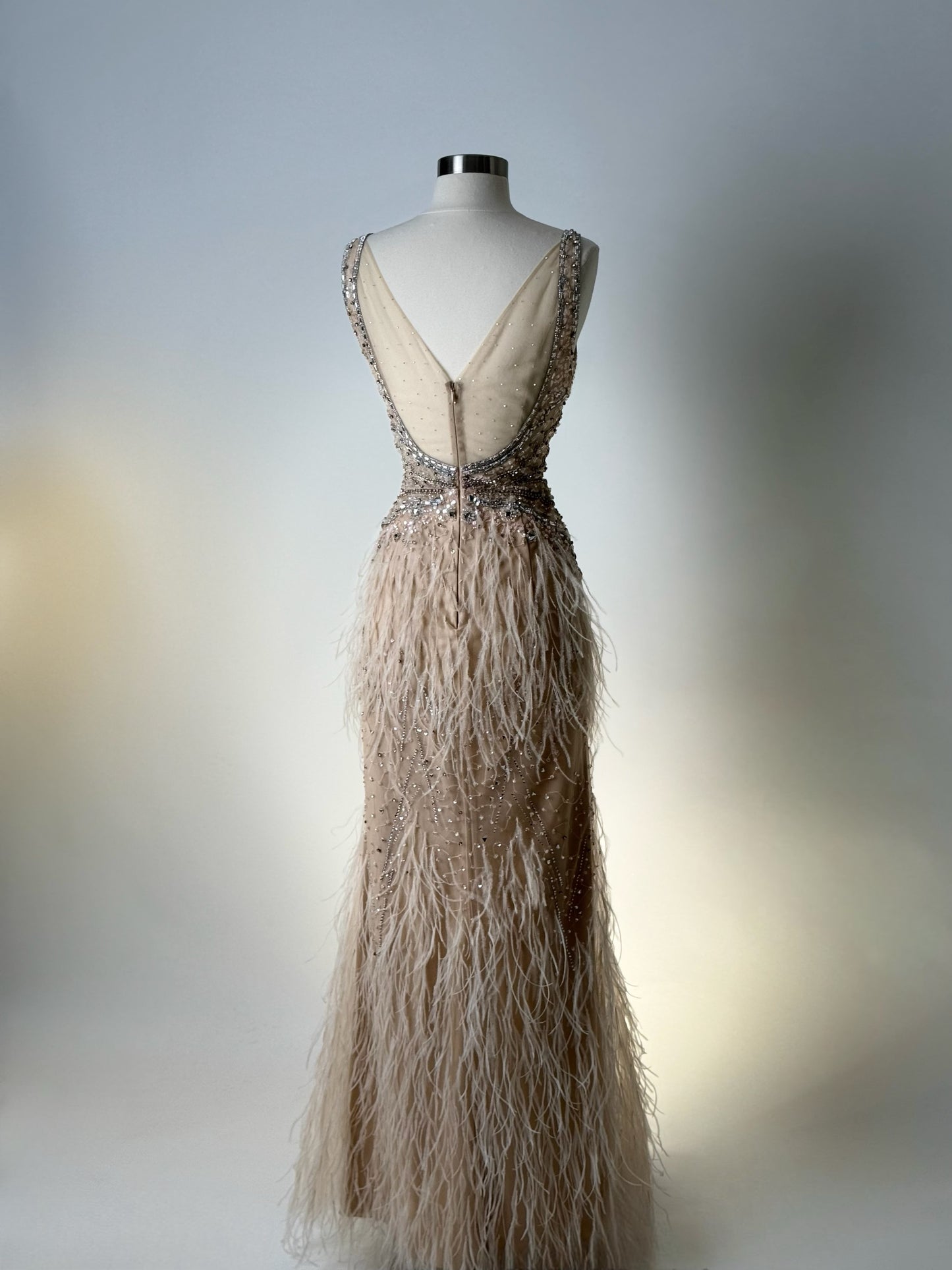 Brand New US 10 Jovani Maxi Feather Evening Gown in Nude Color