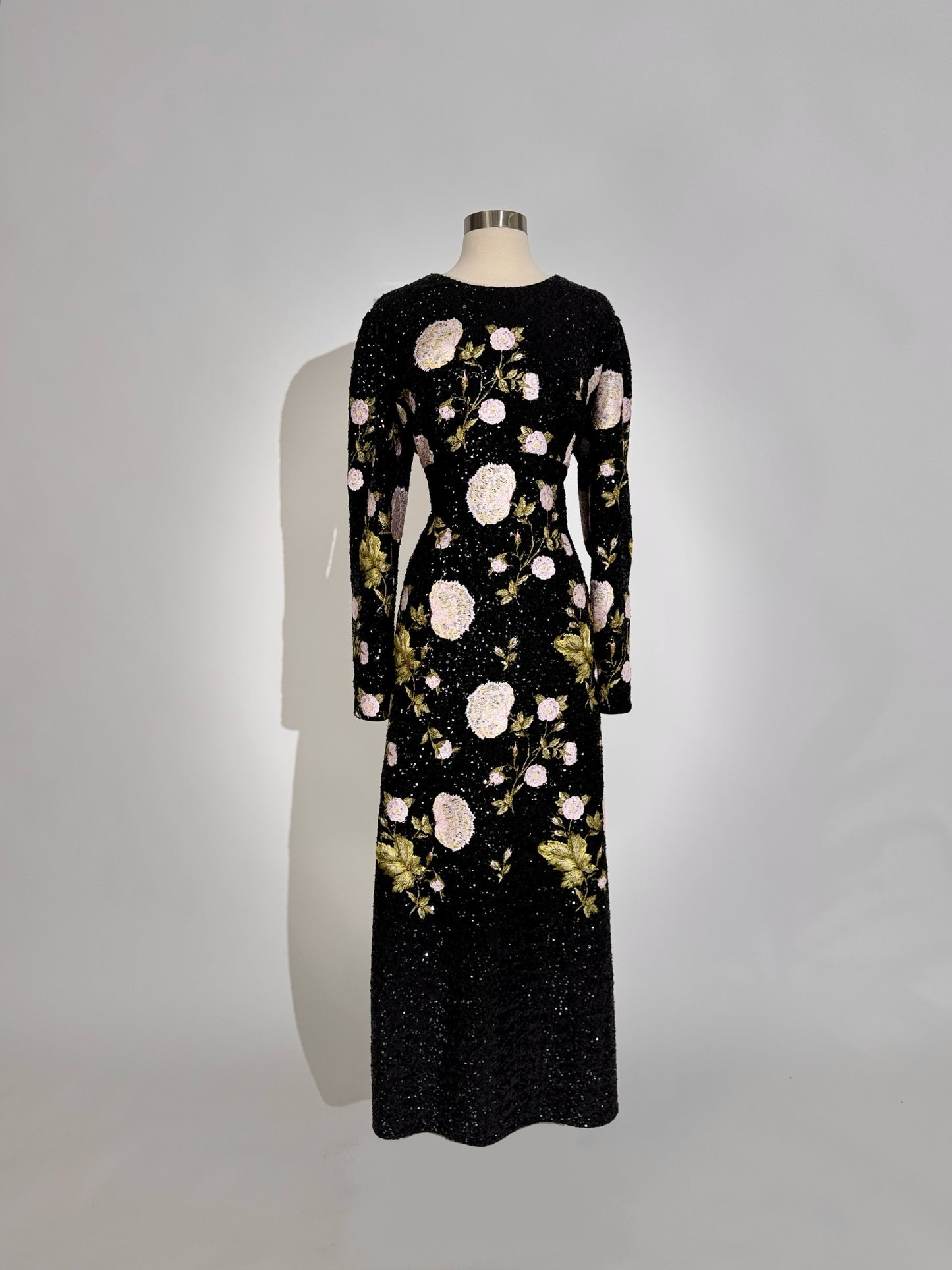 Brand New US 8 Giambattista Valli Floral Embroidered Sequin Evening Gown in Black Rose