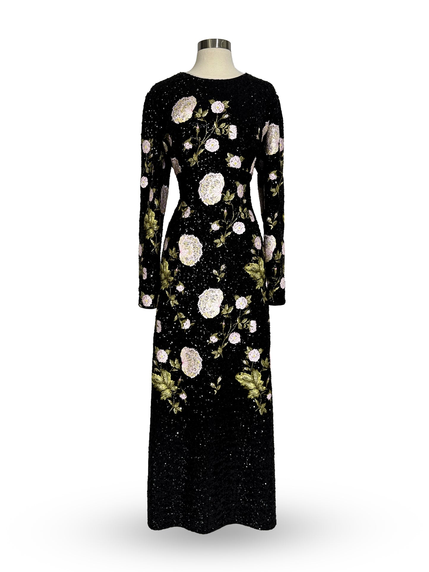 Brand New US 8 Giambattista Valli Floral Embroidered Sequin Evening Gown in Black Rose