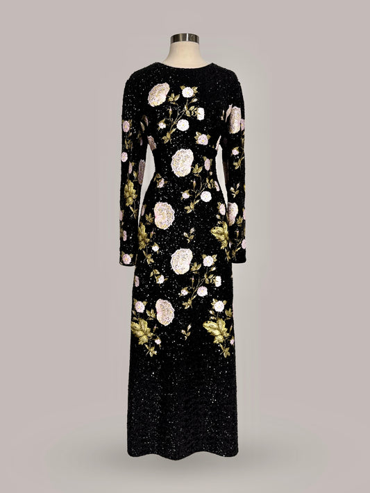 Brand New US 8 Giambattista Valli Floral Embroidered Sequin Evening Gown in Black Rose