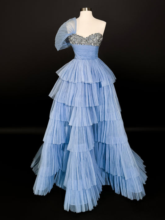 Brand New US 4 GEORGES HOBEIKA Blue Tiered Tulle Gown