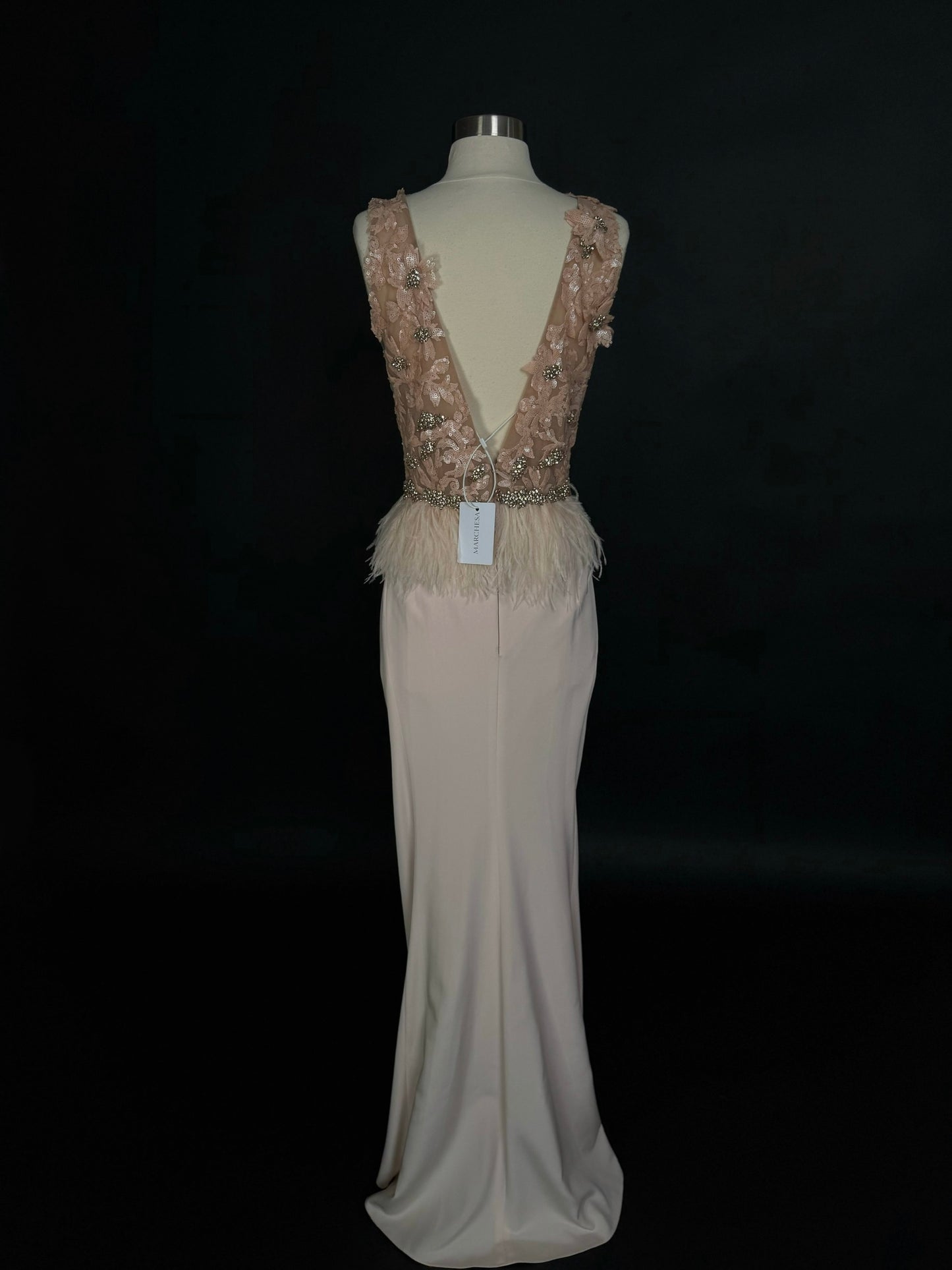 Brand New US 6 Marchesa Maxi Evening Gown with Illusion V-Neckline and Feather detail