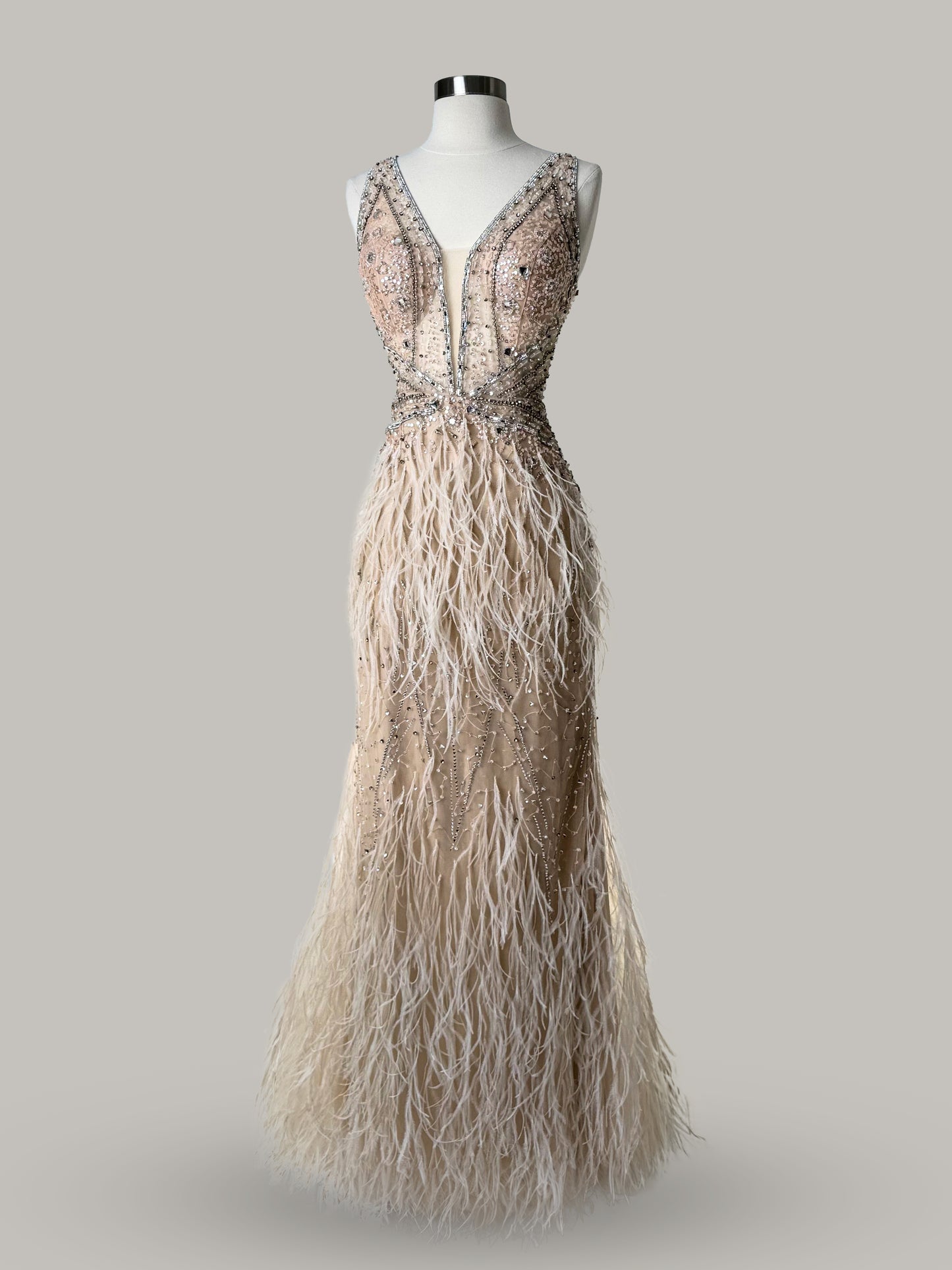 Brand New US 10 Jovani Maxi Feather Evening Gown in Nude Color