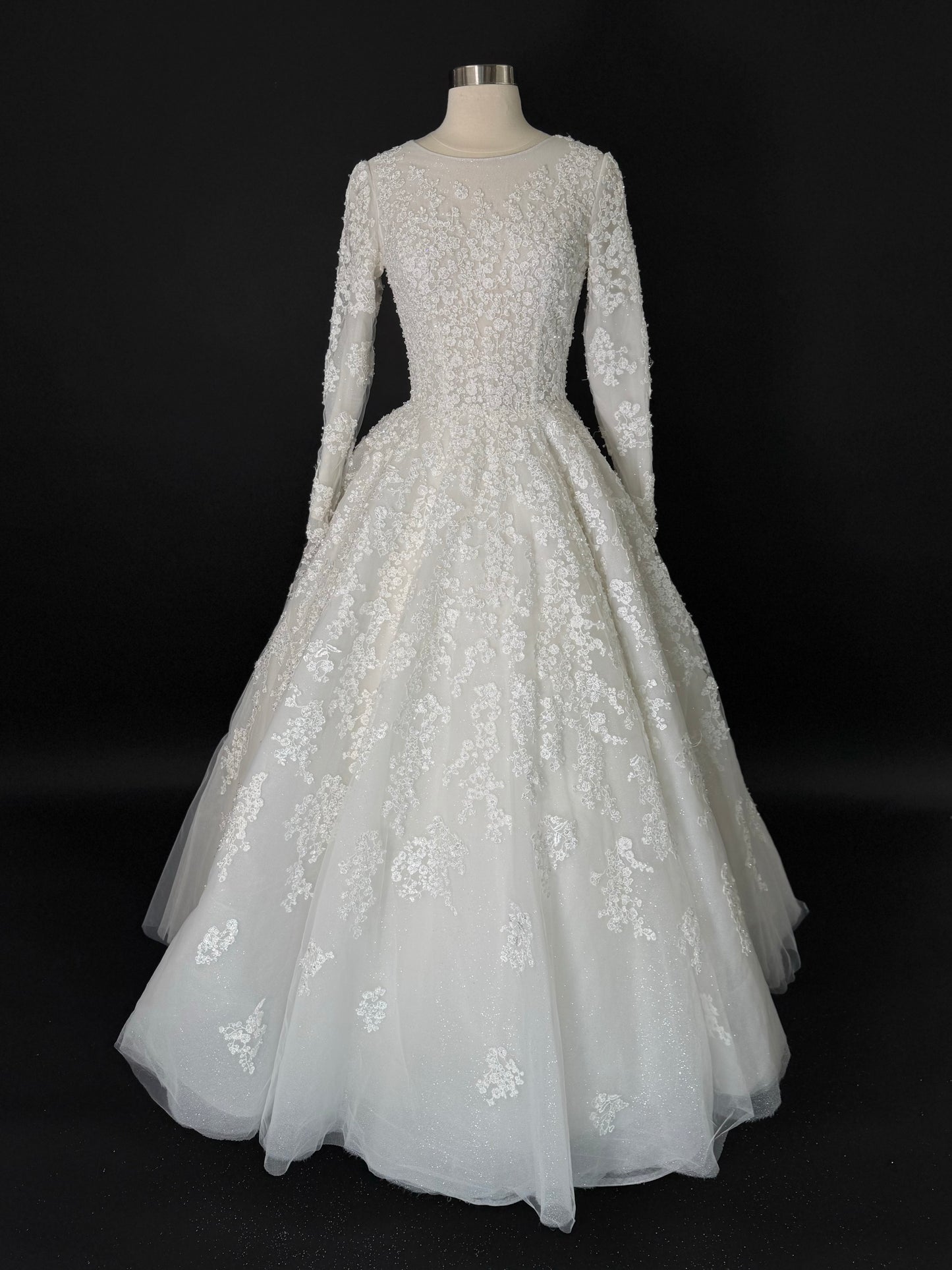 Anna Augusta Modest Embroidered Lace Crystals attached Bridal Gown, Preloved, Size US 4,