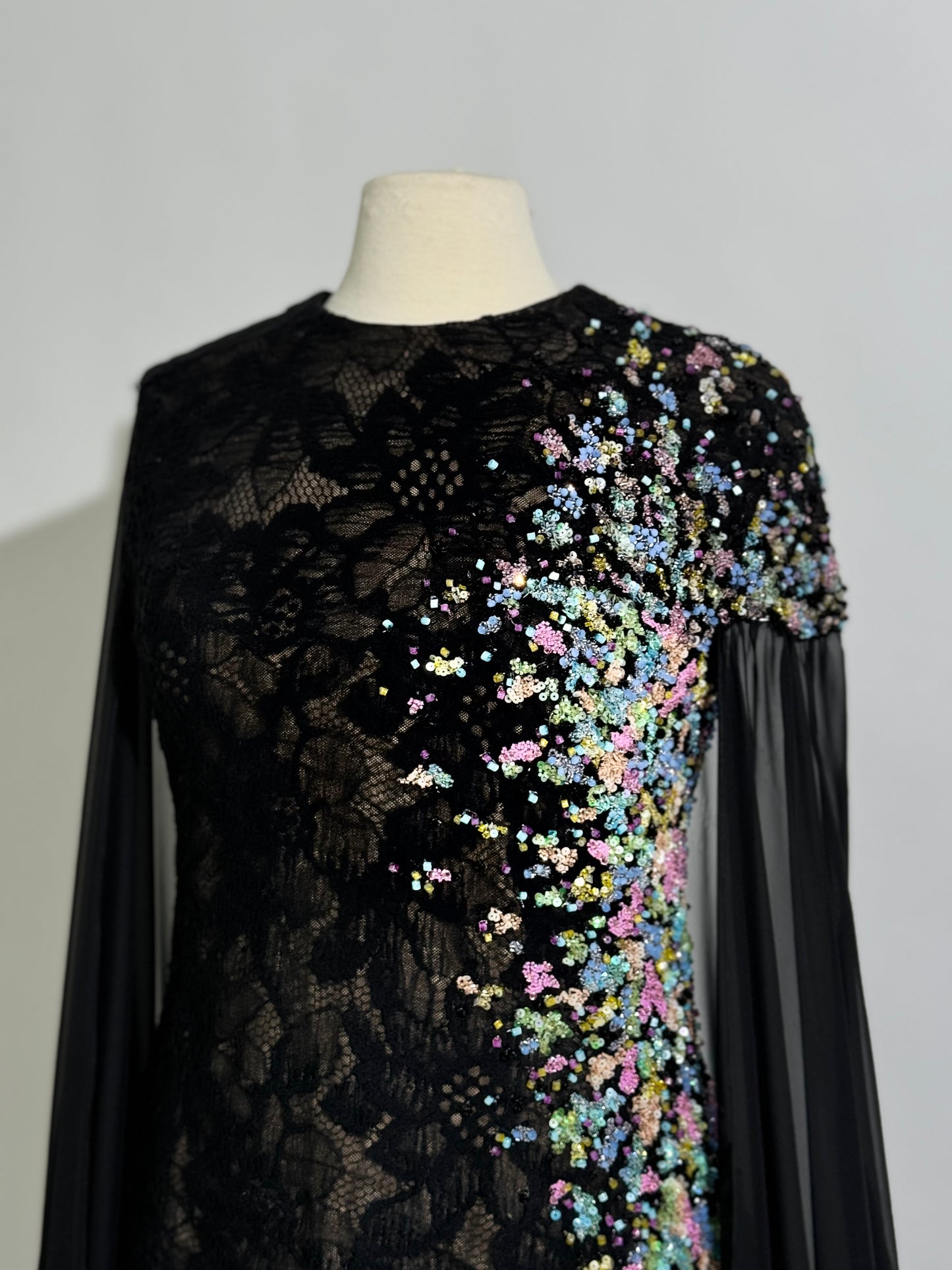 Brand New US 14 TONY WARD Black Beaded Embroidered Evening Gown