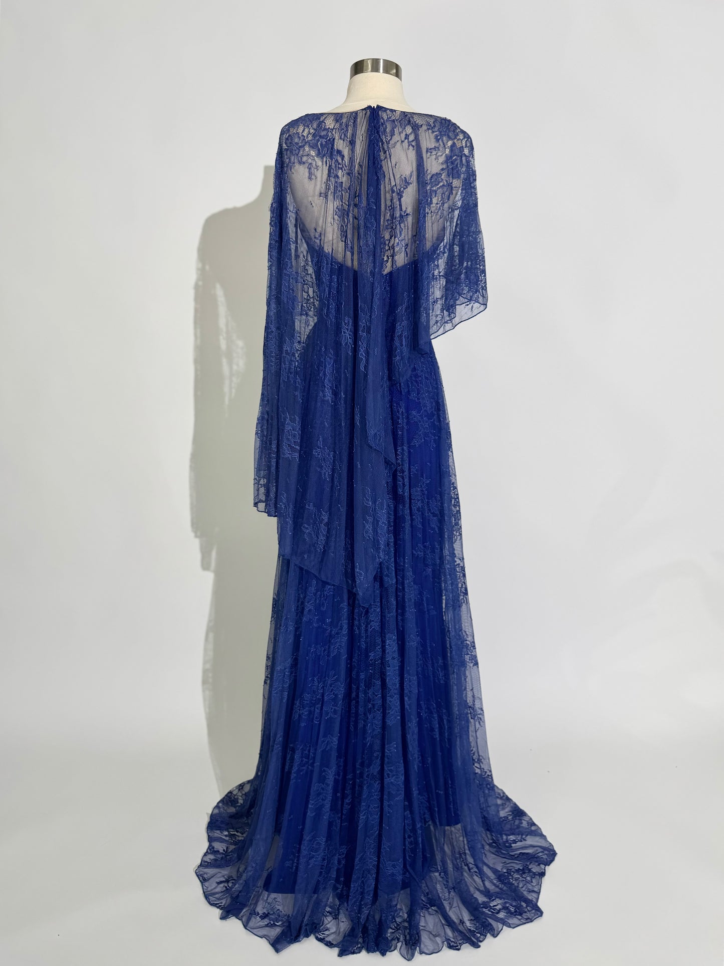 Brand New US 8 Gemy Maalouf Chantilly Lace Maxi Gown with Cape in Royal Blue