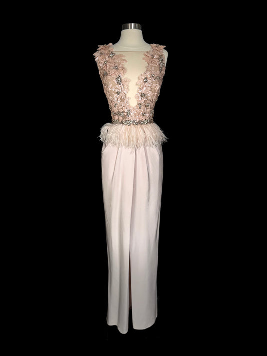 Brand New US 6 Marchesa Maxi Evening Gown with Illusion V-Neckline and Feather detail