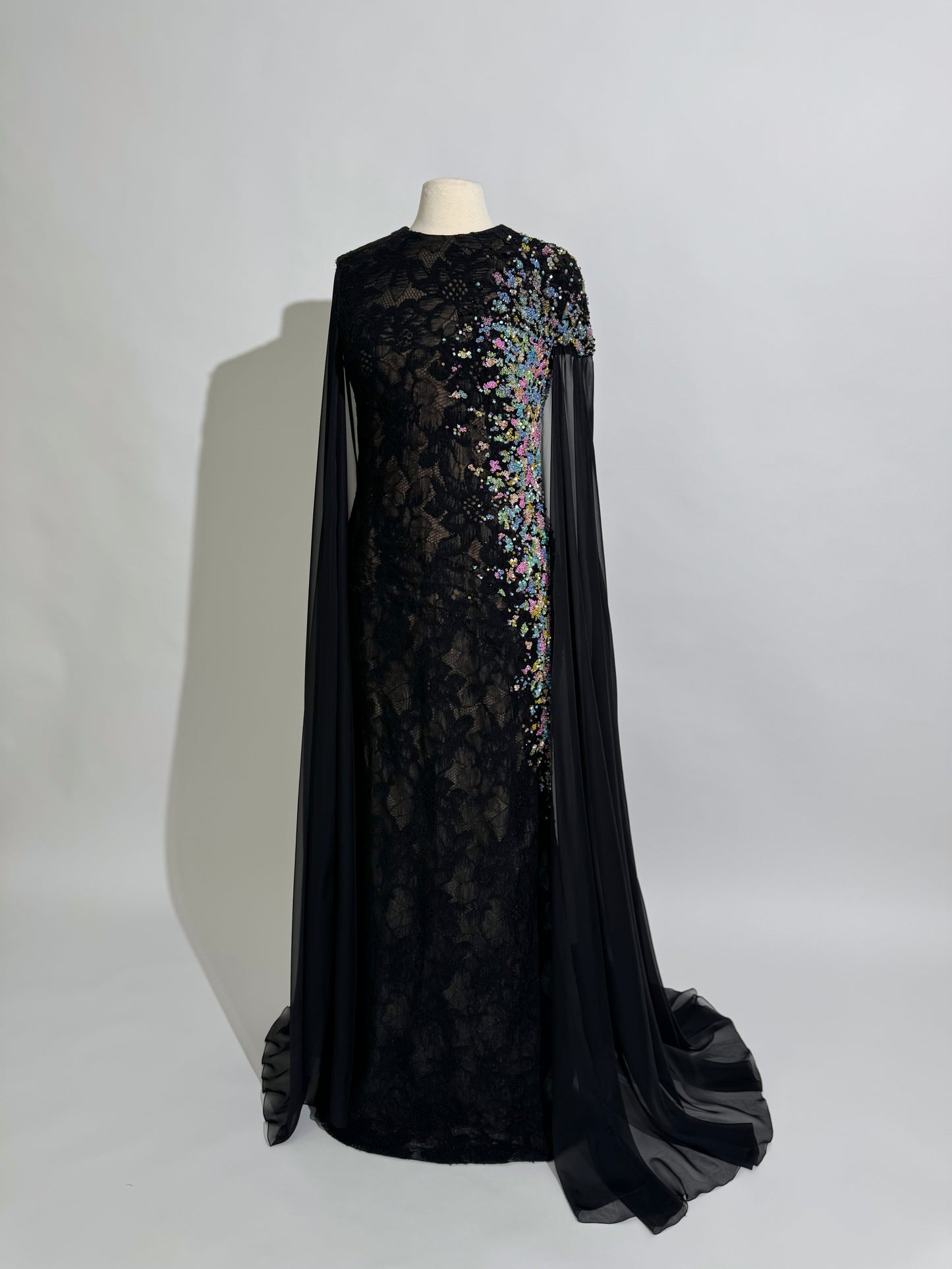 Brand New US 14 TONY WARD Black Beaded Embroidered Evening Gown