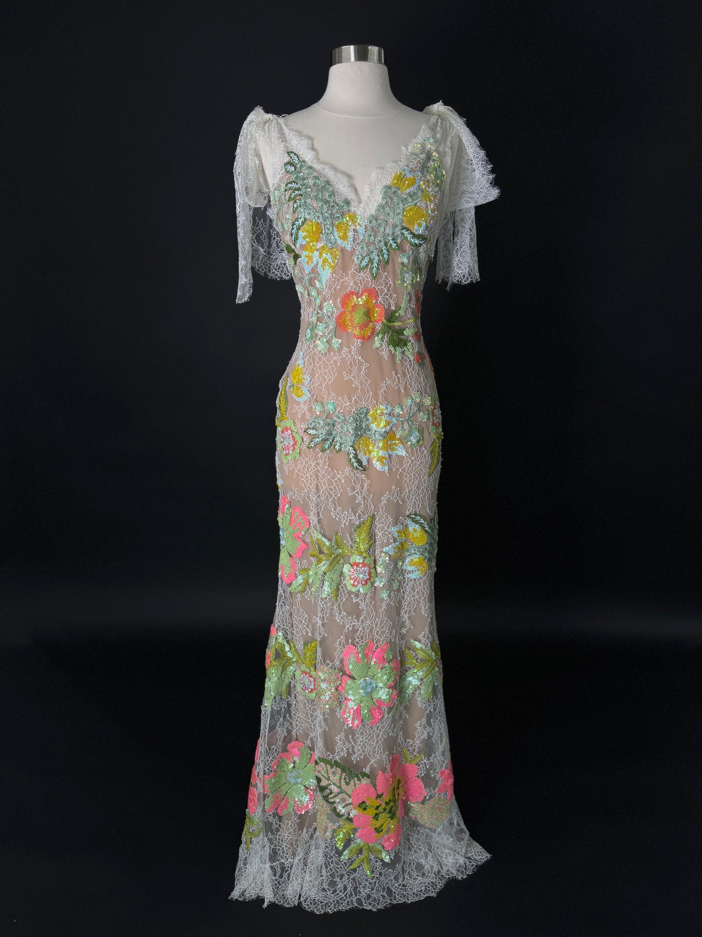 Brand New US 8 Elie Saab Lace Maxi Gown with Floral Appliques in Multi-Color