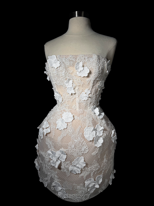 Brand New US 2 Anna Augusta Custom Made Engagement Dress In Nude Color with 3D Flowers Lace